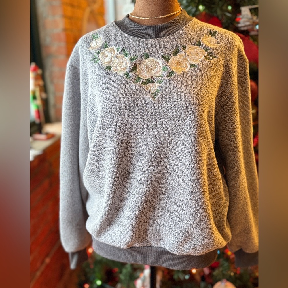 Gray Floral Embroidered Sweater